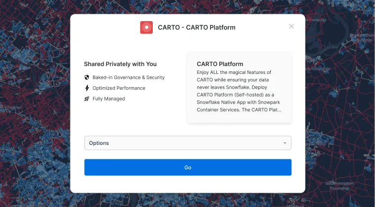 visual that shows how to deploy CARTO as a Snowflake Native App