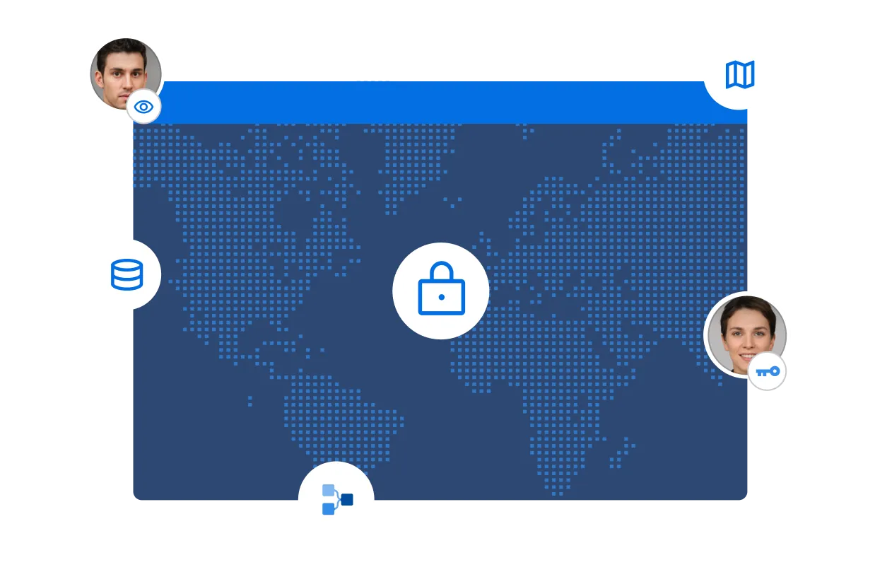 A global map with icons representing data security, user profiles, access control, and authentication.