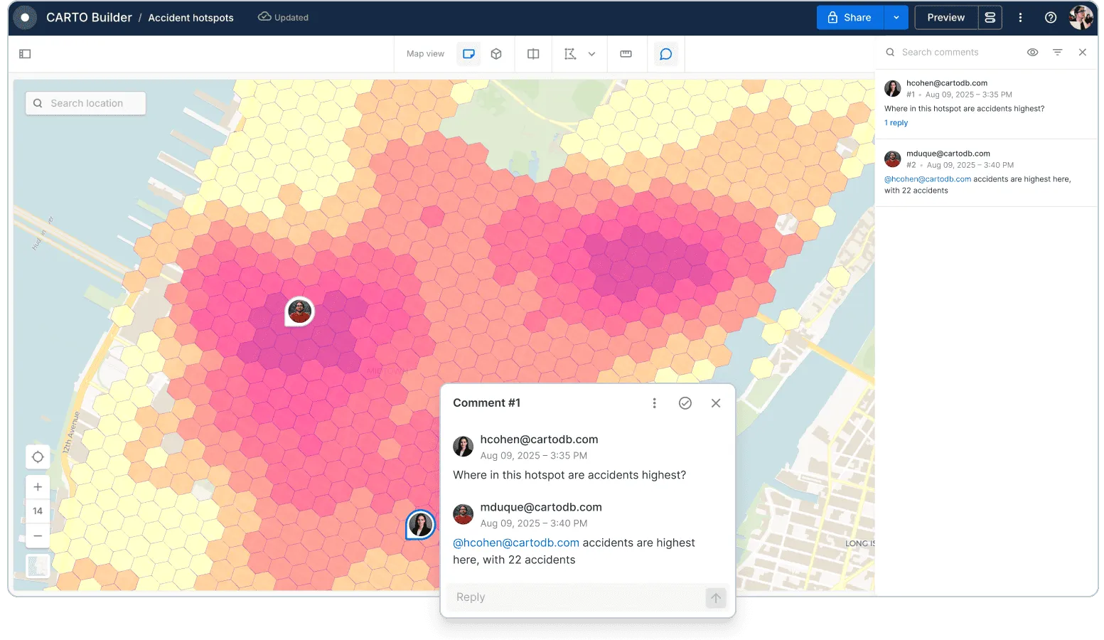 Accidents hotspots map with comments