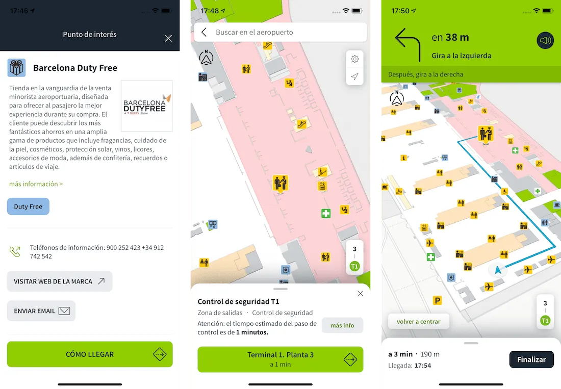 Mobile screenshots of AenaMaps being used at Barcelona Airport