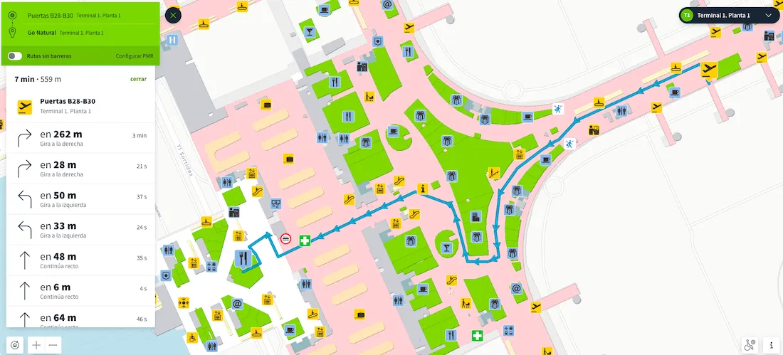 Desktop screenshot of AenaMaps being used at Barcelona Airport