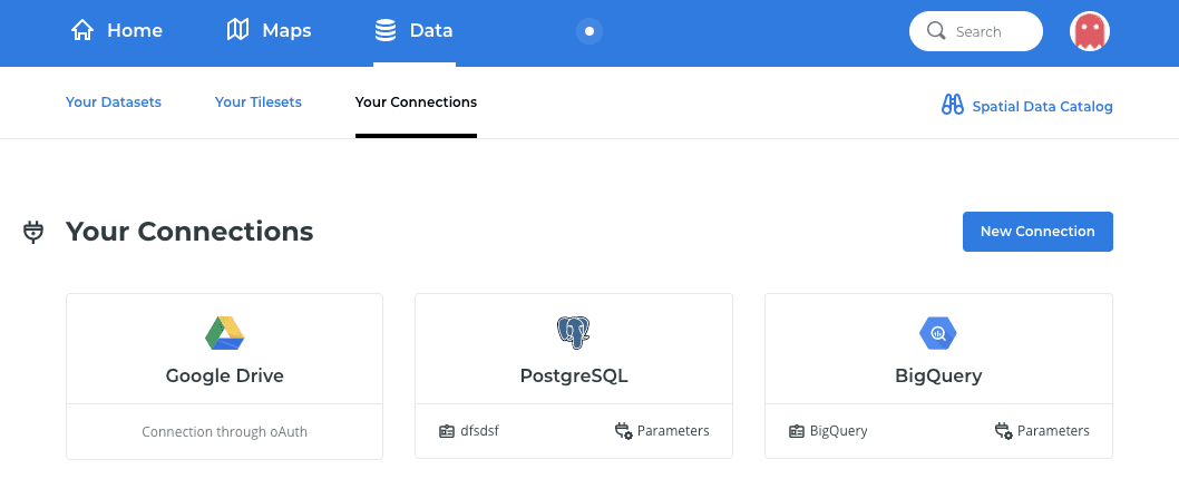 Screenshot showing connections view within the CARTO dashboard