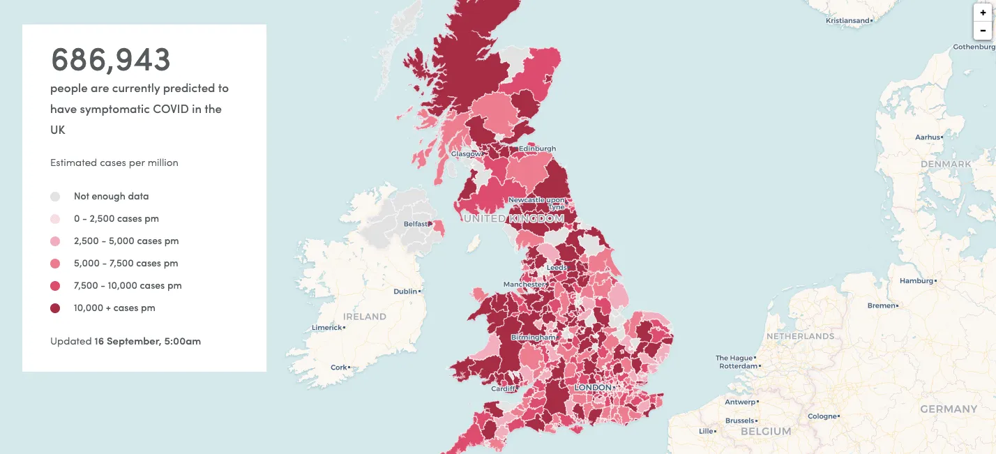 Screenshot of map showing asymptomatic Covid cases in the UK