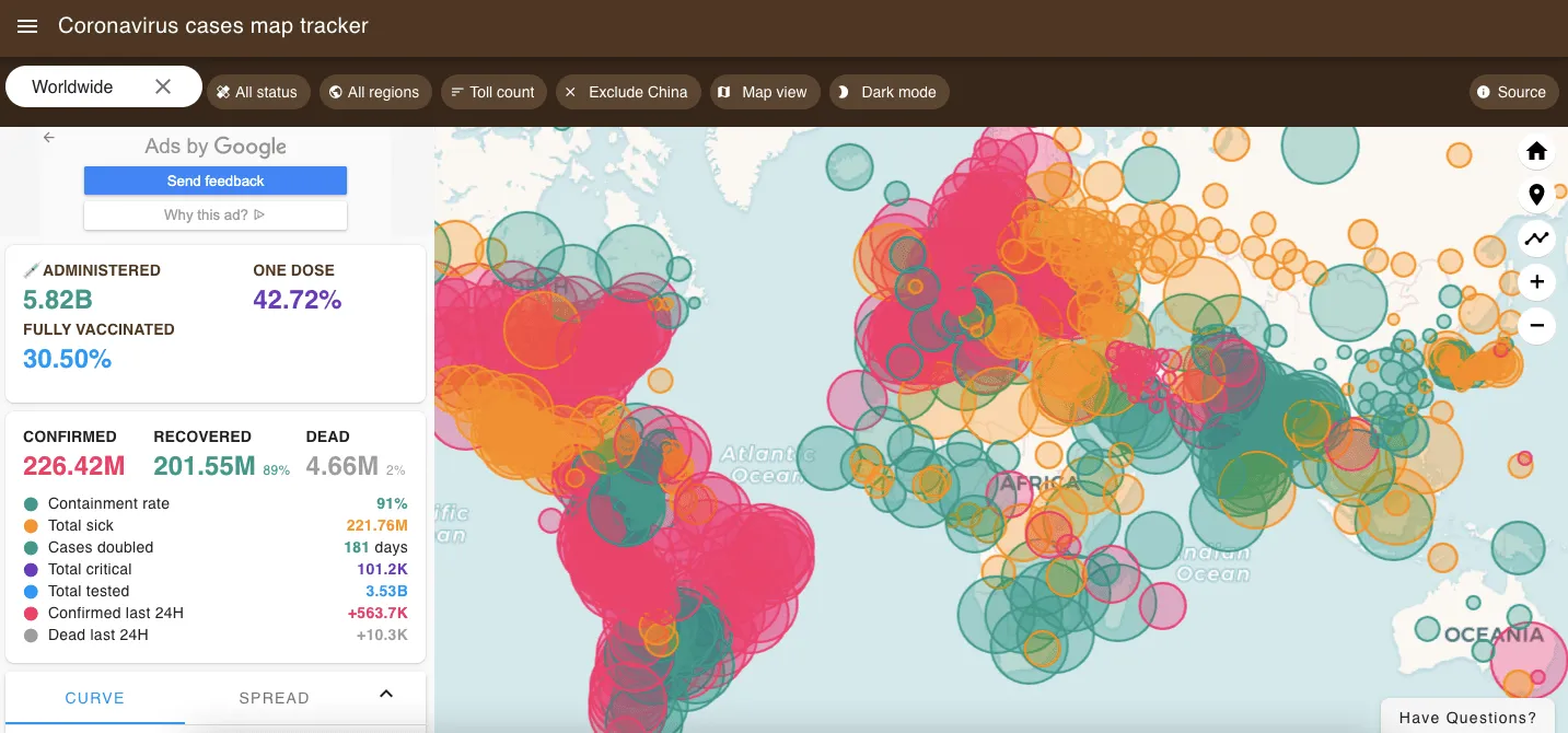 Screenshot of Coronavirus cases map tracker