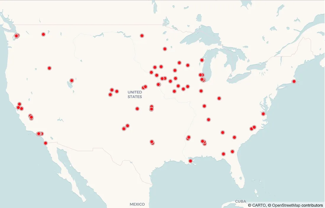 A map showing meatpacking plants based on CARTOframes geocodes
