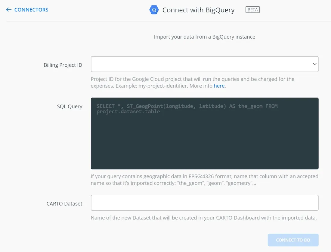 A screenshot the CARTO Google BigQuery connector