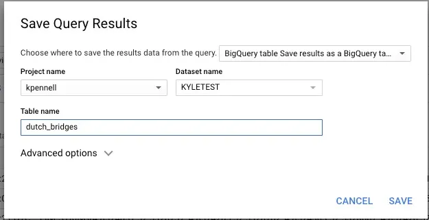 Screenshot of Saving Query Results as a BigQuery Table