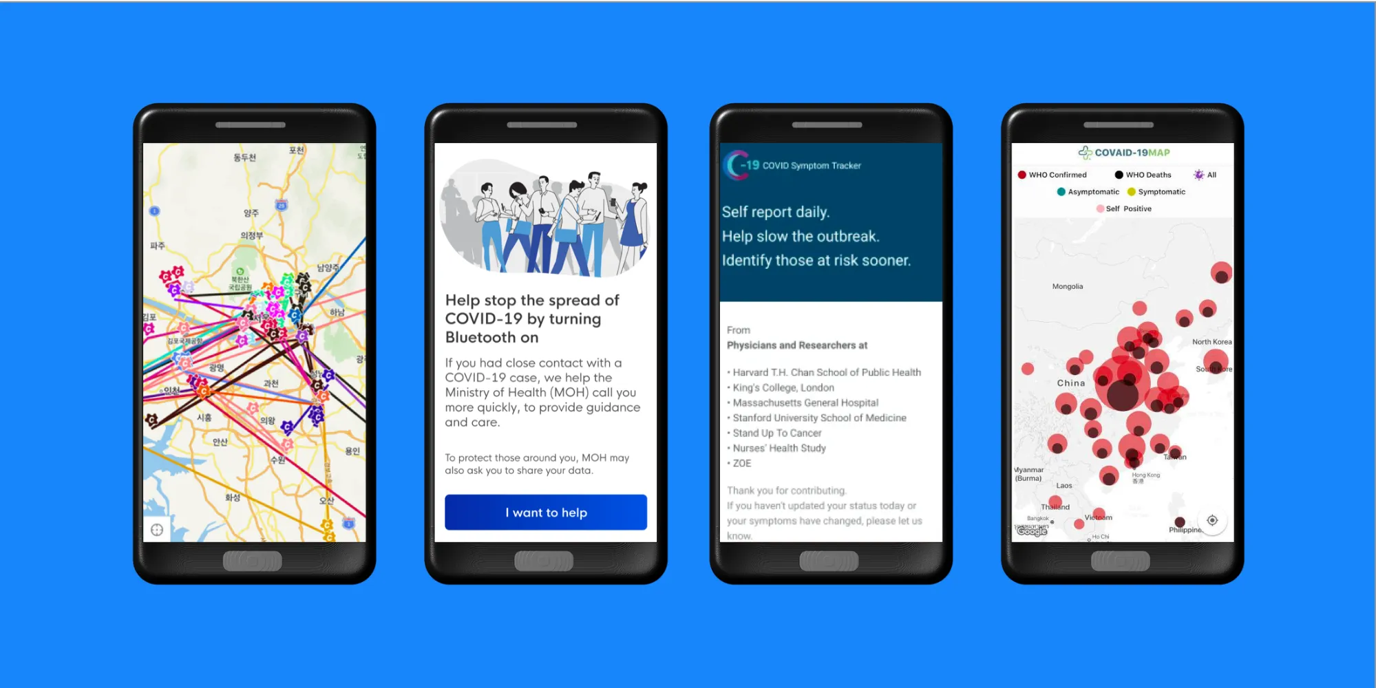 Mobile screenshots showing various COVID-19 apps
