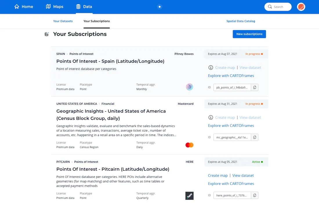 Screenshot showcasing subscriptions within CARTO Builder