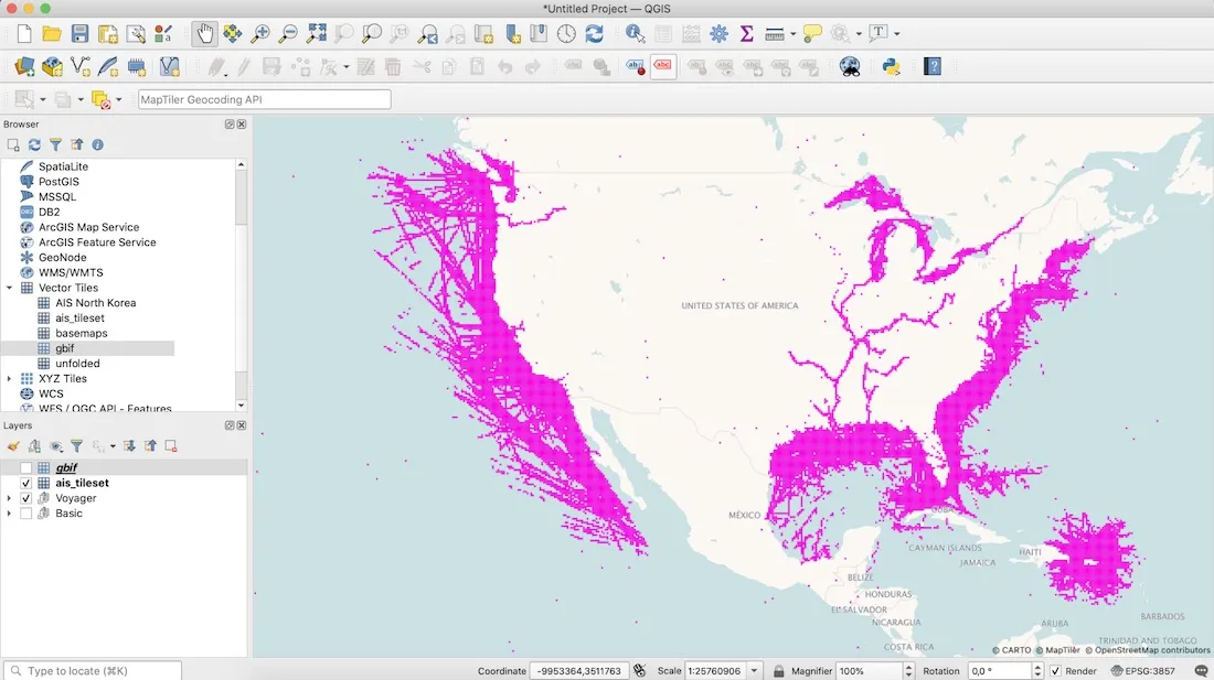 Screenshot of vector tiles being used in QGIS