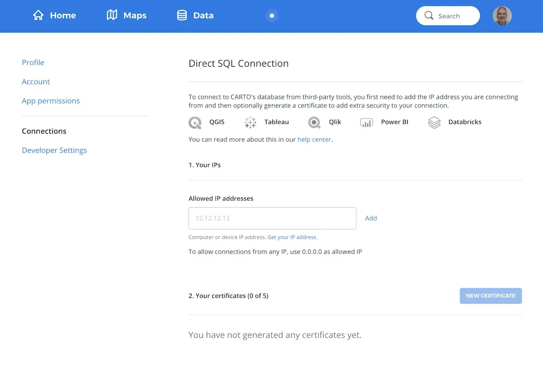 Screenshot showcasing the Direct SQL Connection configuration within the dashboard