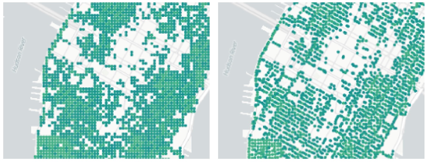 Screenshot showing difference between using the centroid of the cell vs random feature on the tile