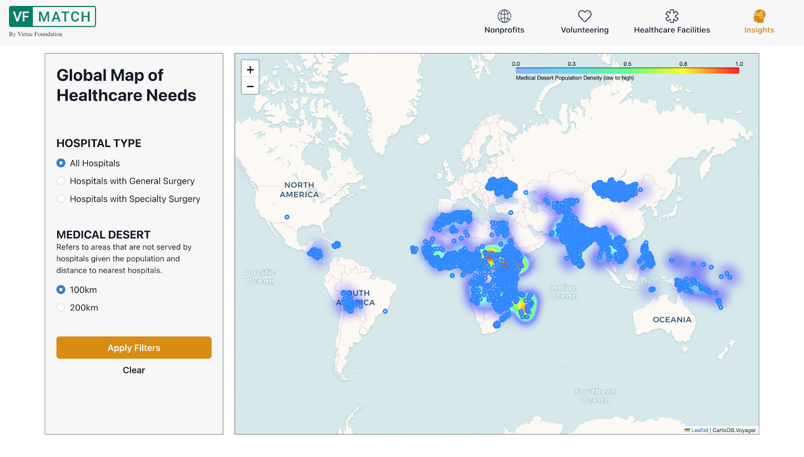 VFMatch.org's Global Map of Healthcare Needs, identifying medical deserts (ares that are not served by hospitals given the population and distance to nearest hospitals)