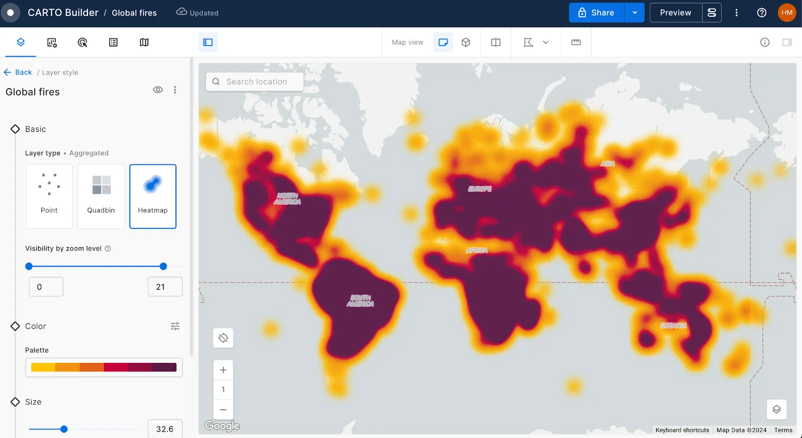 A screenshot of CARTO Builder showing how to create a heat map
