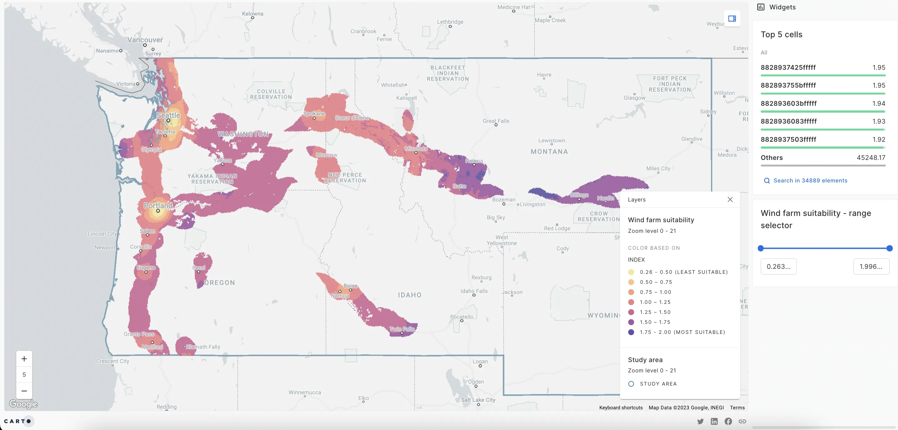 A map showing optimal wind farm site locations in the north west US