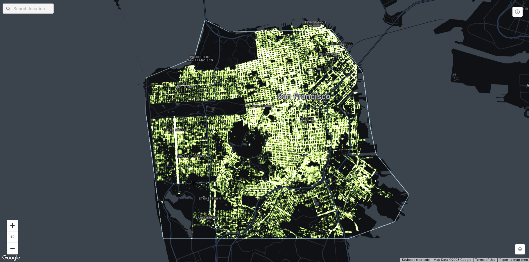 A map showing the street trees of San Francisco as points.