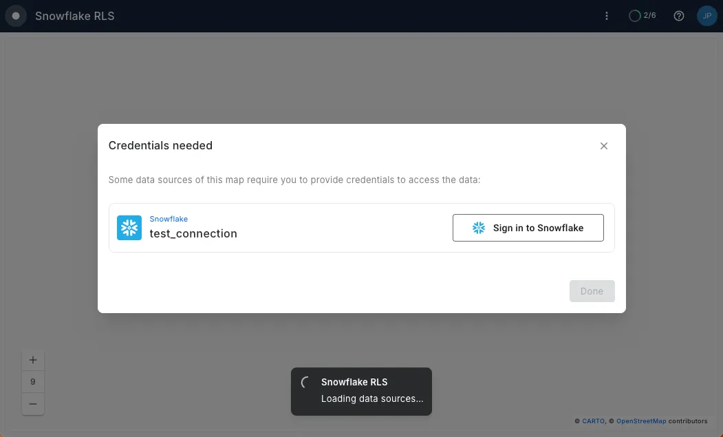 A screenshot of authenticating Snowflake connections in CARTO