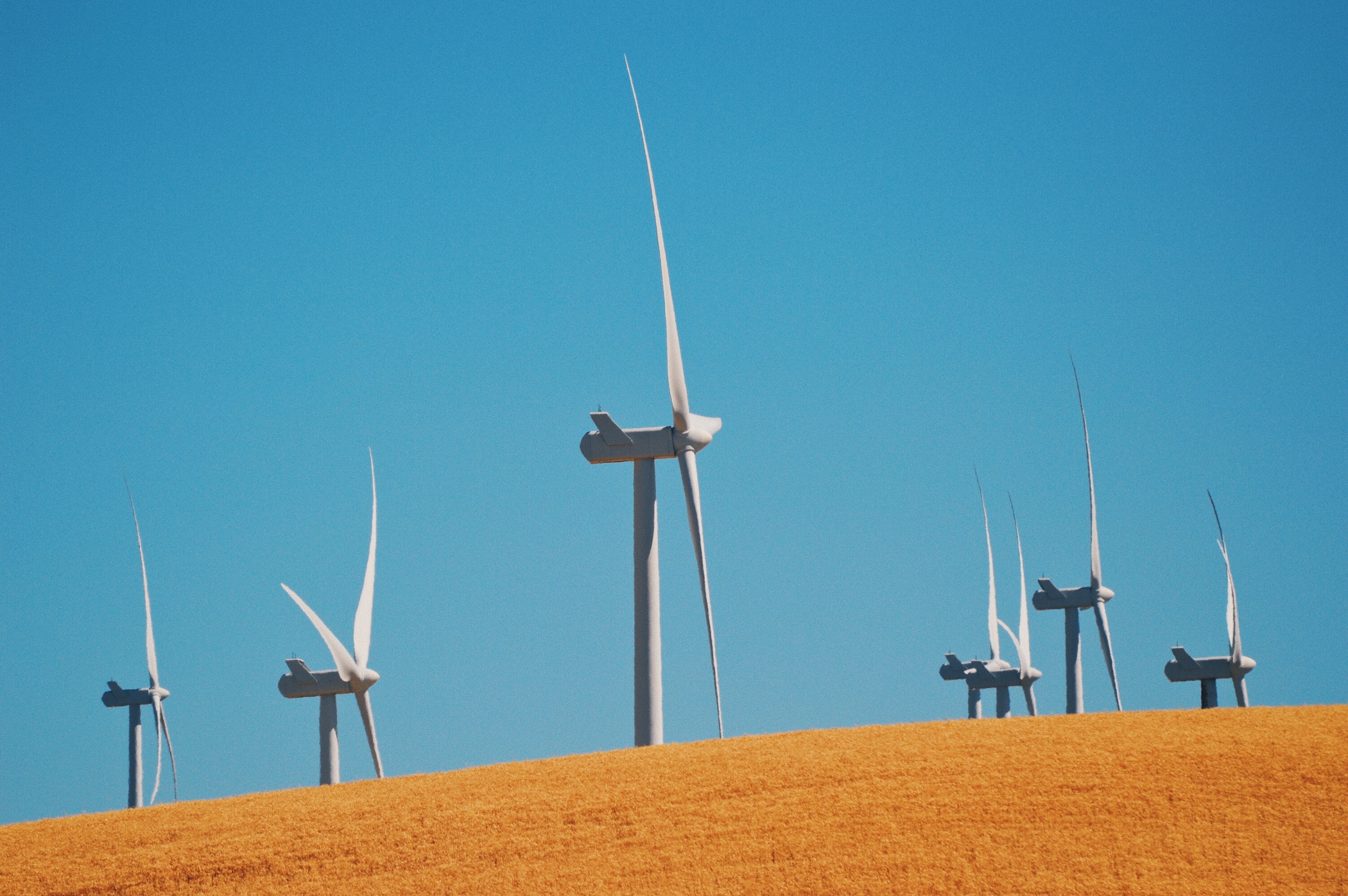 A photograph of 7 wind turbines in a field