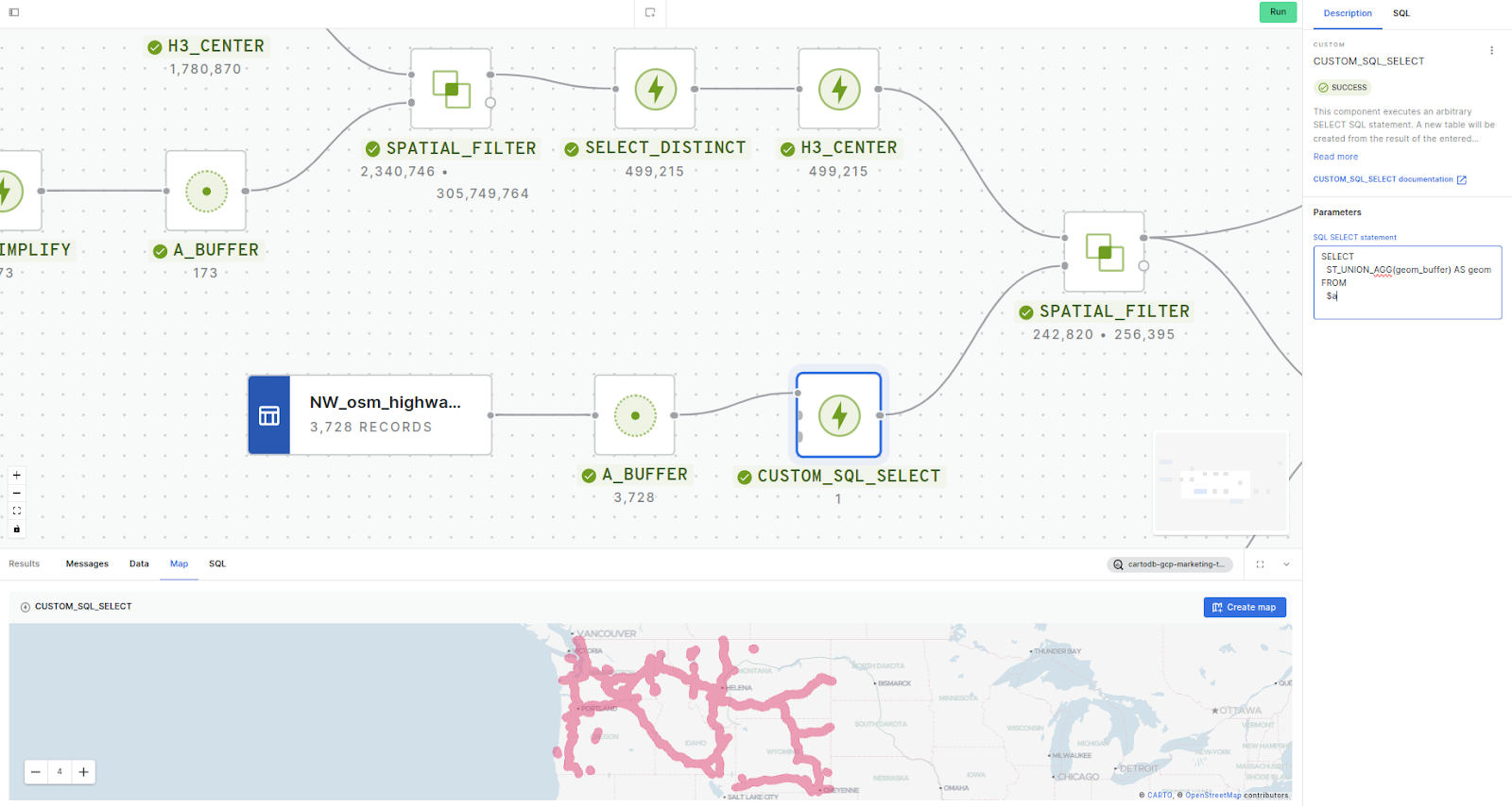 A screenshot of the workflow outlined in the steps below, with a panel for the SQL and showing the map results.