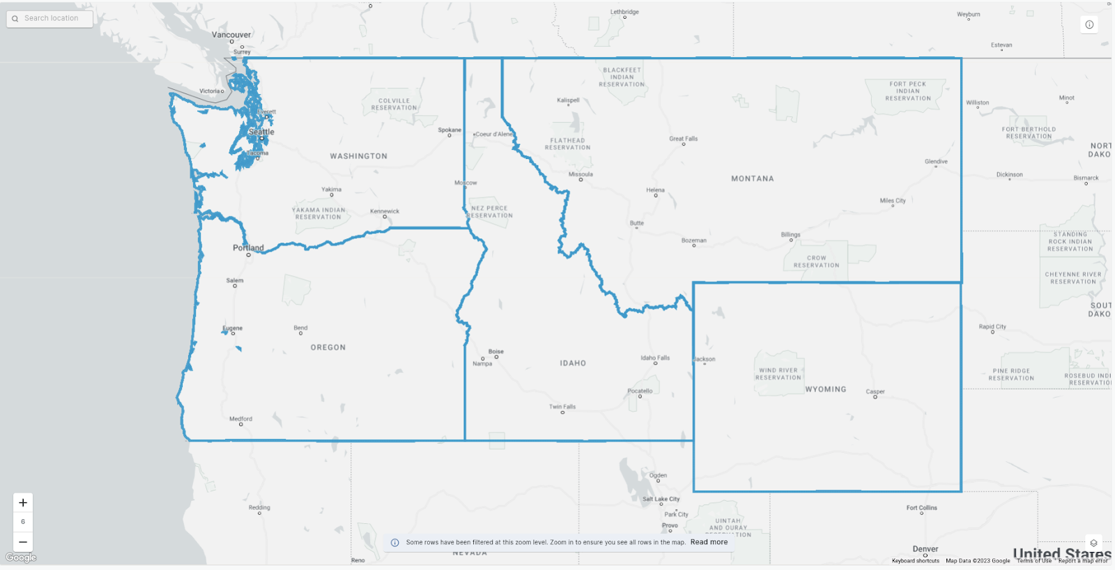 A map showing the boundaries of our study area: Washington, Oregon, Idaho, Montana and Wyoming.