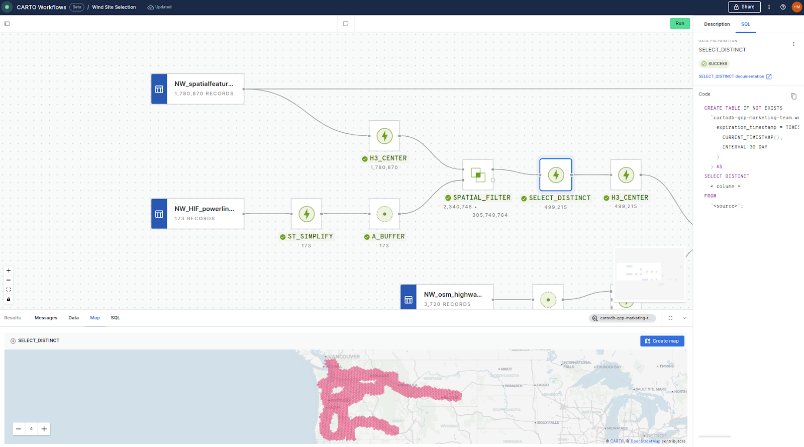 A screenshot of the workflow outlined in the steps below, with a panel for the SQL and showing the map results.
