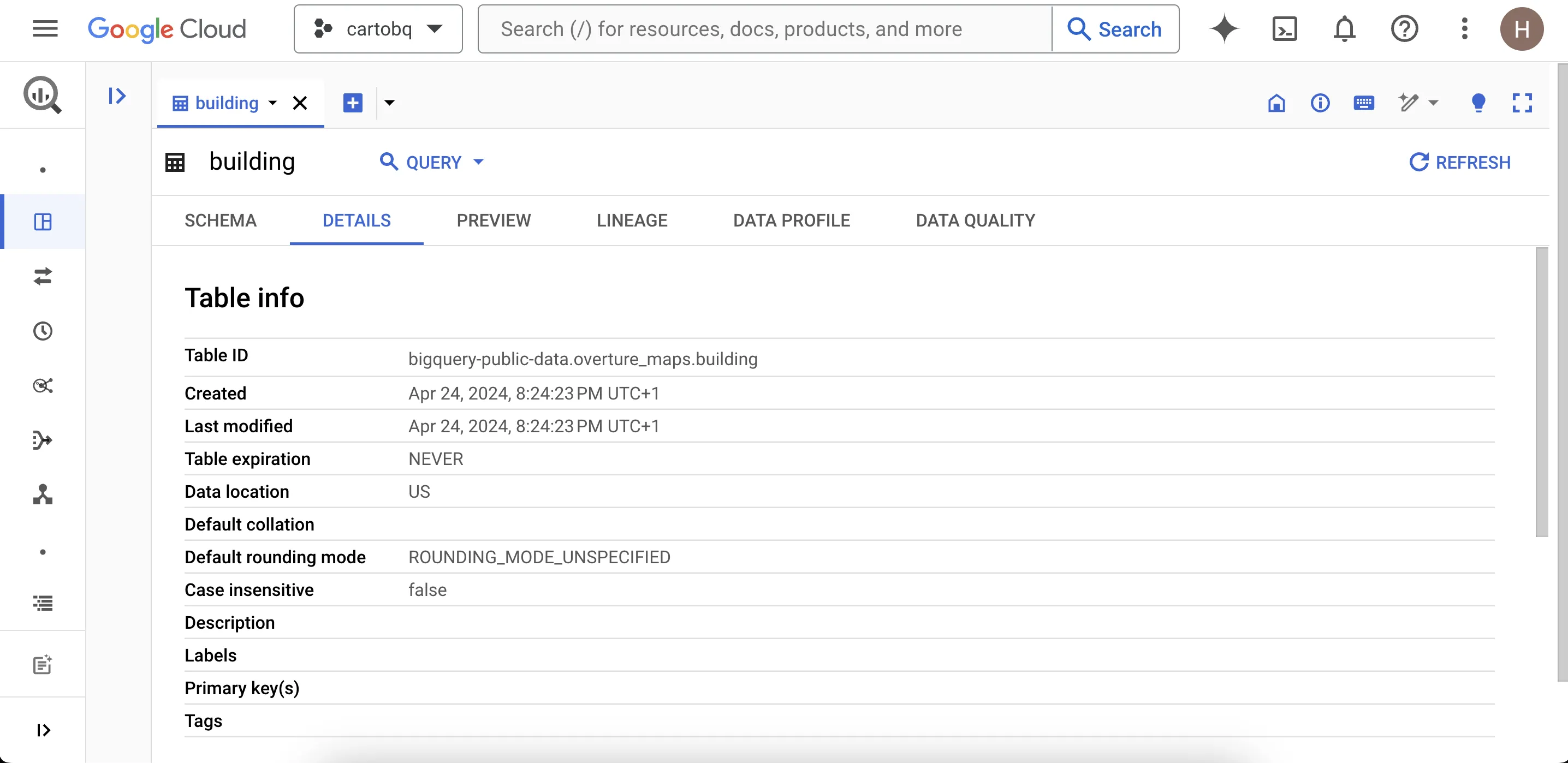 A screenshot showing the Overture Maps listing on Google BigQuery