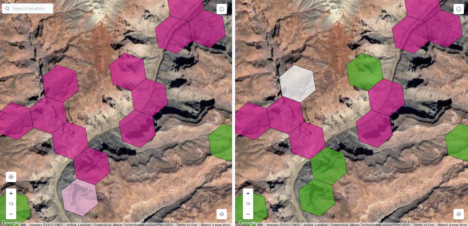 A zoomed in map of the Grand Canyon with error hexagons overlaid. The hexagons are much wider than the valleys.t
