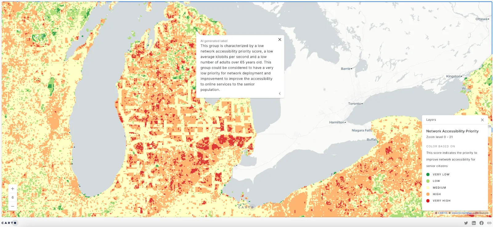 A screenshot of a CARTO Builder map with an AI popup
