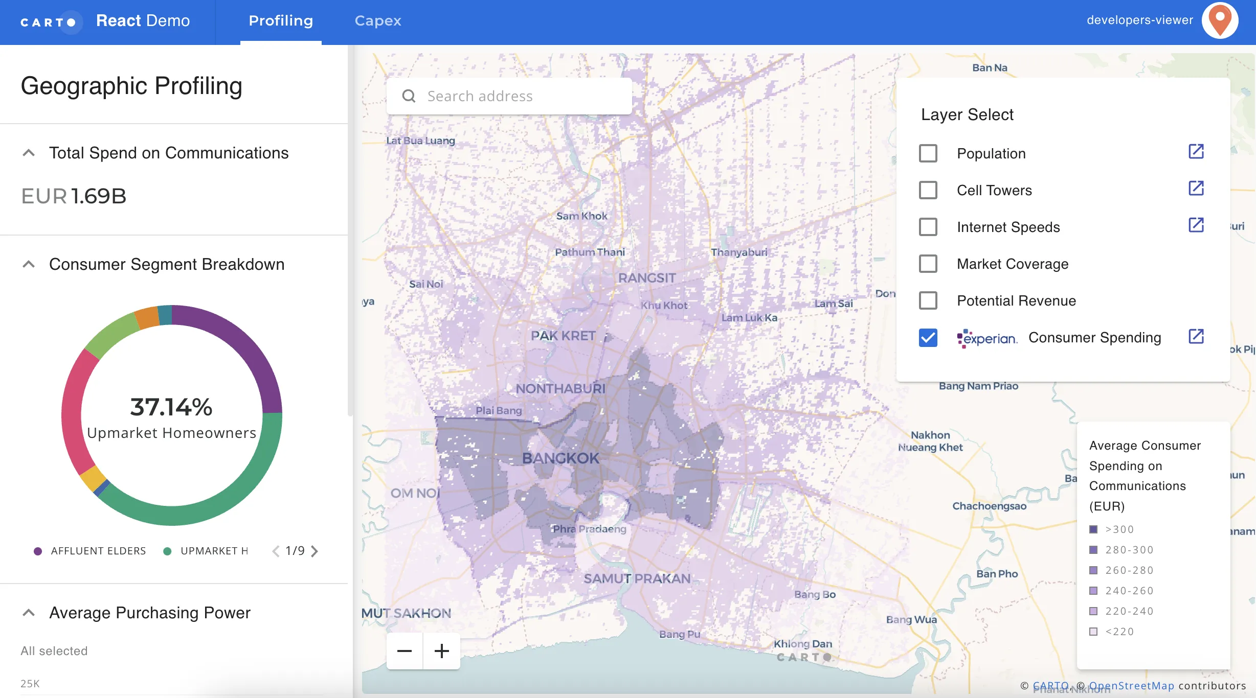 A screenshot of a CARTO for React demo