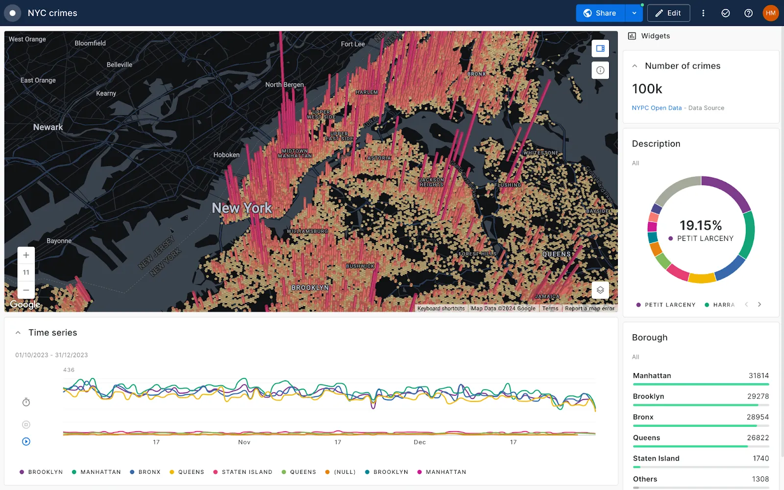 A screenshot of a CARTO Builder map showing a 3D map and widgets around the side