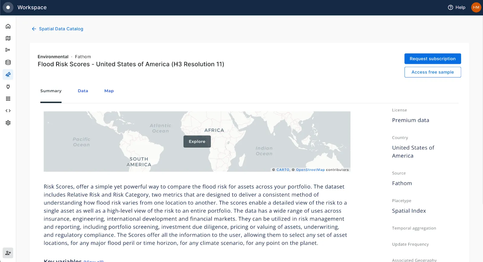 A screenshot of the Flood Risk Scores in data in CARTO's Data Observatory