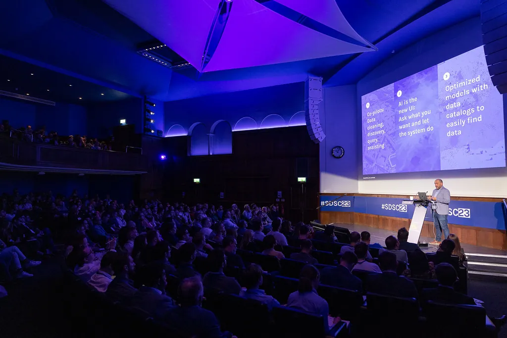 A photo of the SDSC keynote speech from 2023