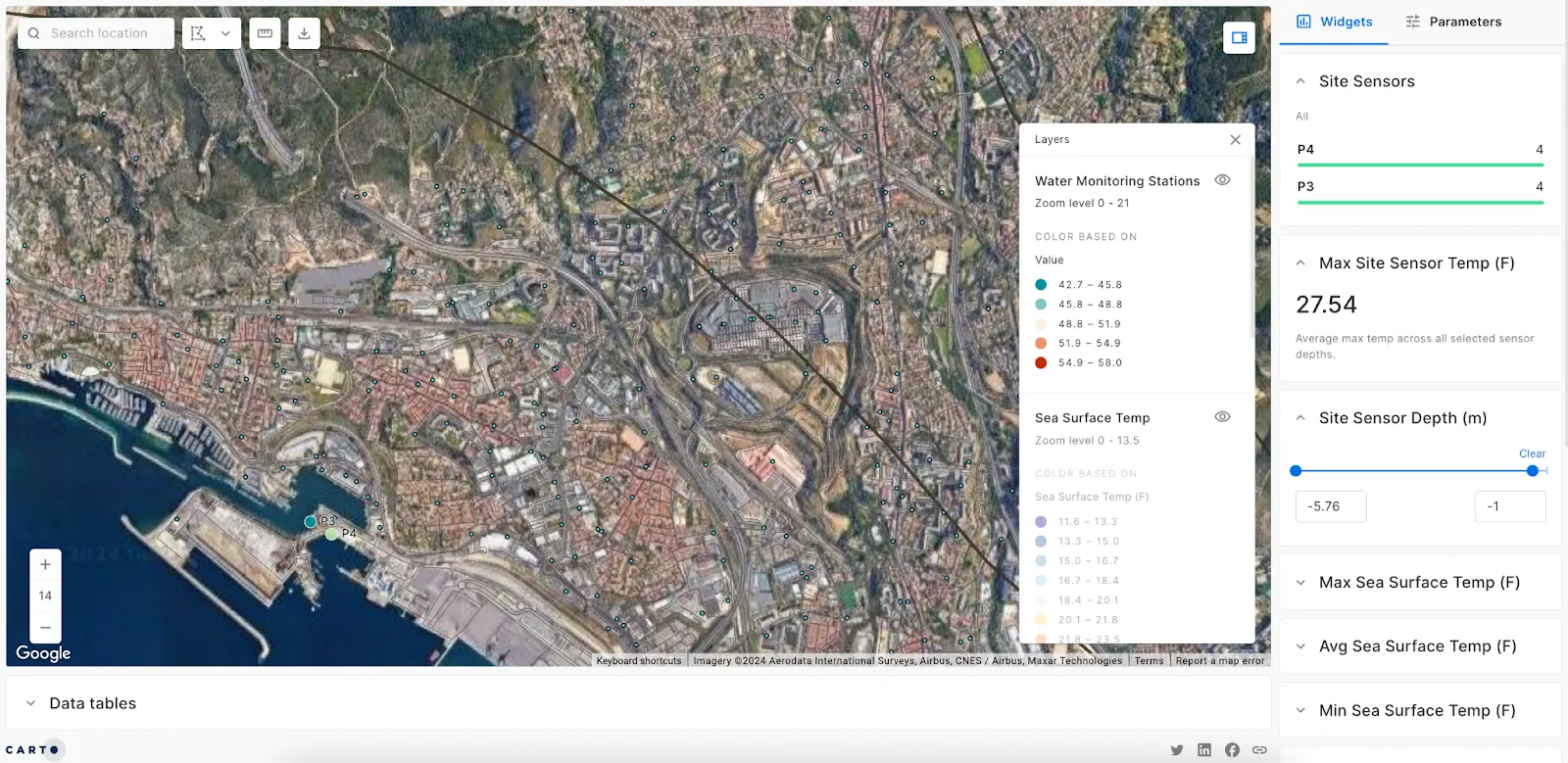 A screenshot of a CARTO map showing widgets and satellite imagery