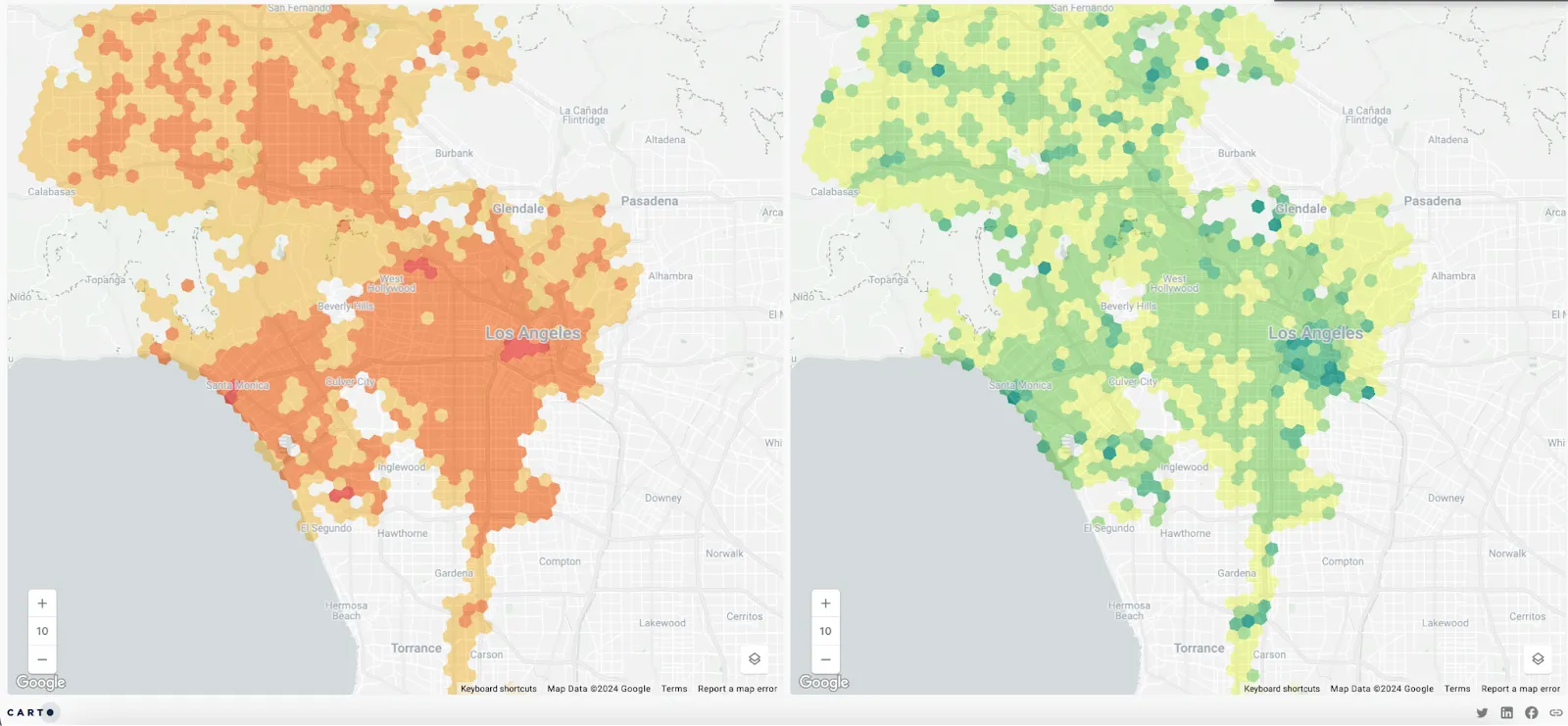 Two side-by-side CARTO maps showing Risk Assessment Using Crime Rate in Los Angeles