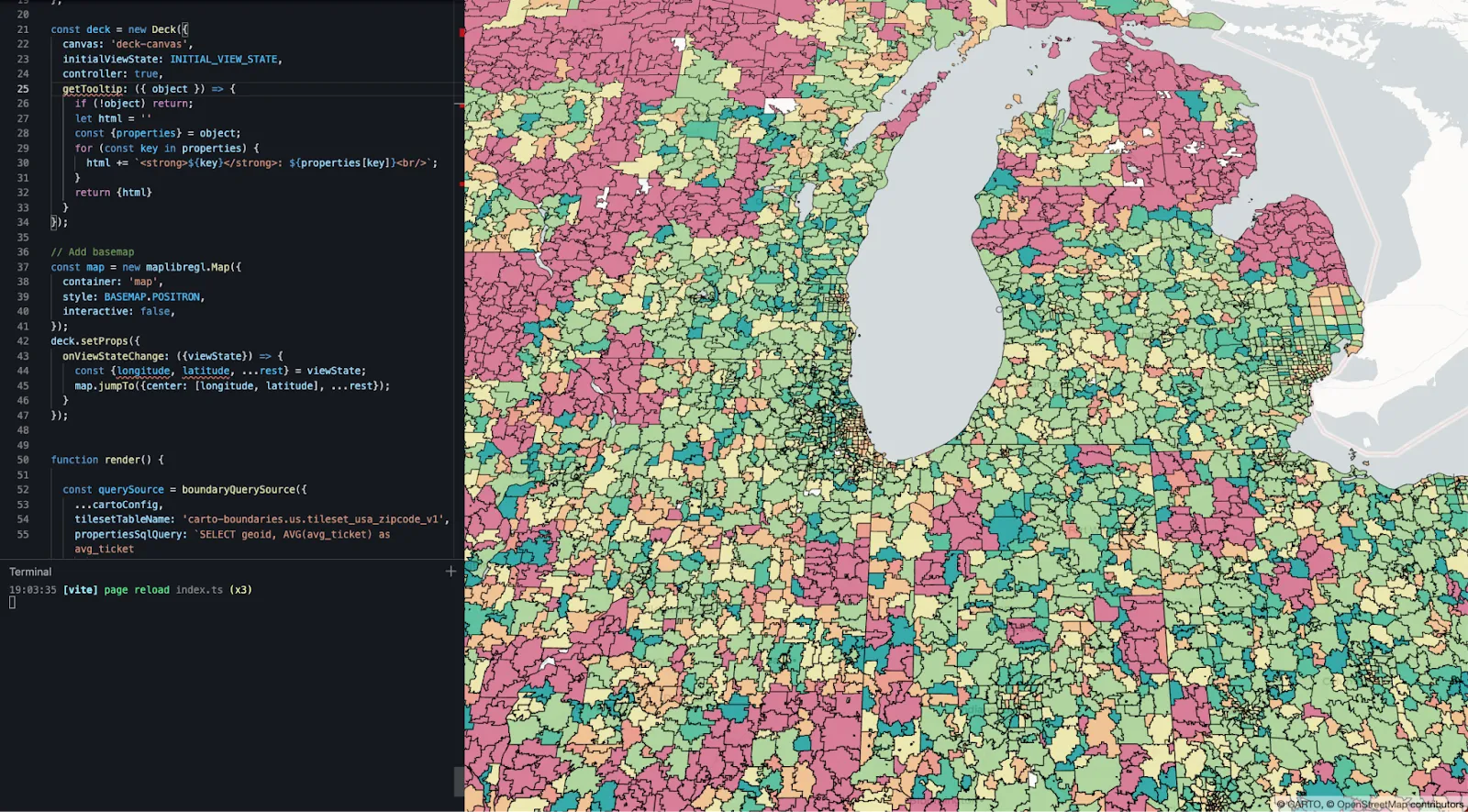 A screenshot of a map rendered in deck.gl showing boundaries coloured in red and green