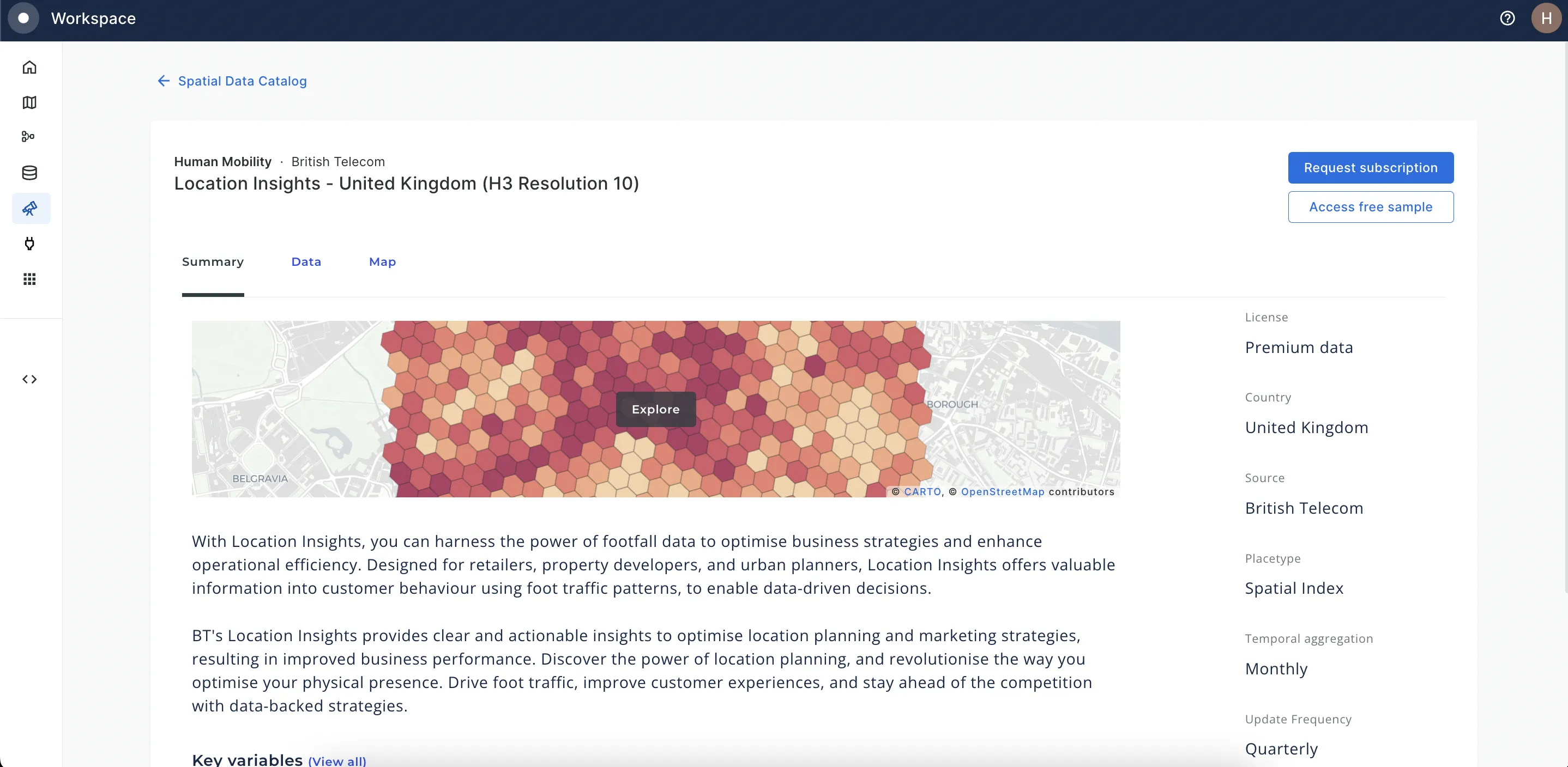 A screenshot of the Location Insights data in the CARTO Data Observatory 