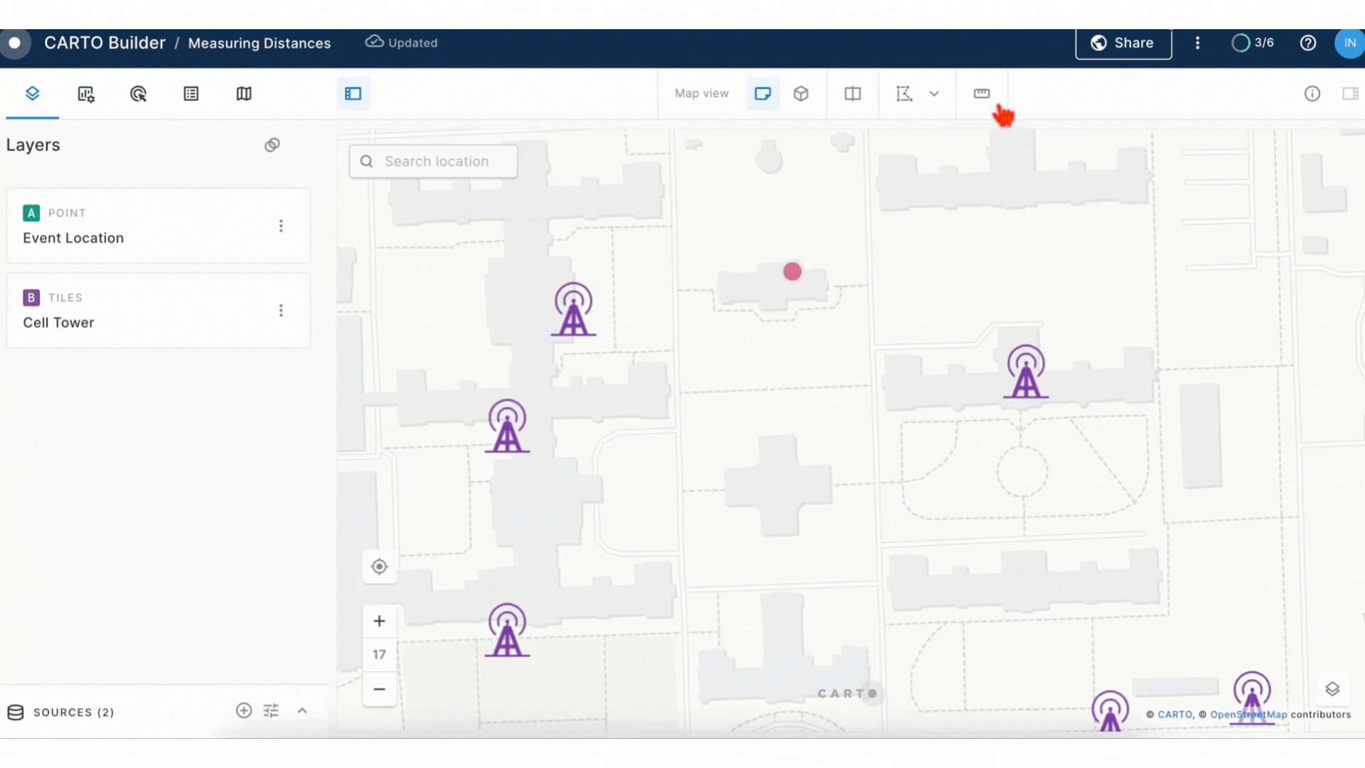 A gif showing how to measure distances between objects on a map