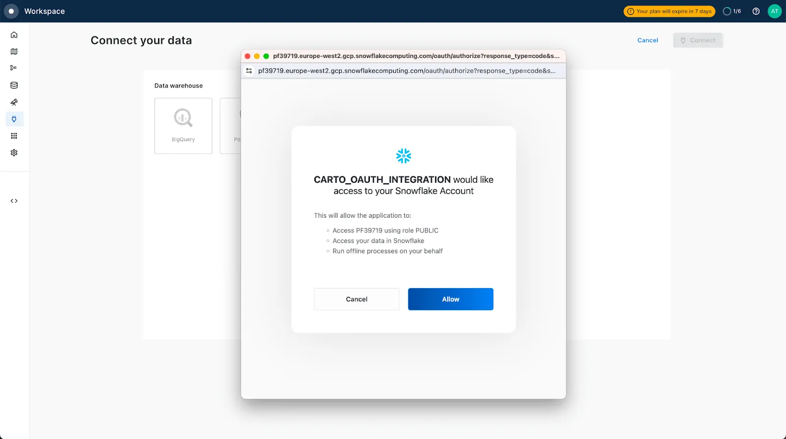 A screenshot showing how to set up OAuth Integration with Snowflake and CARTO