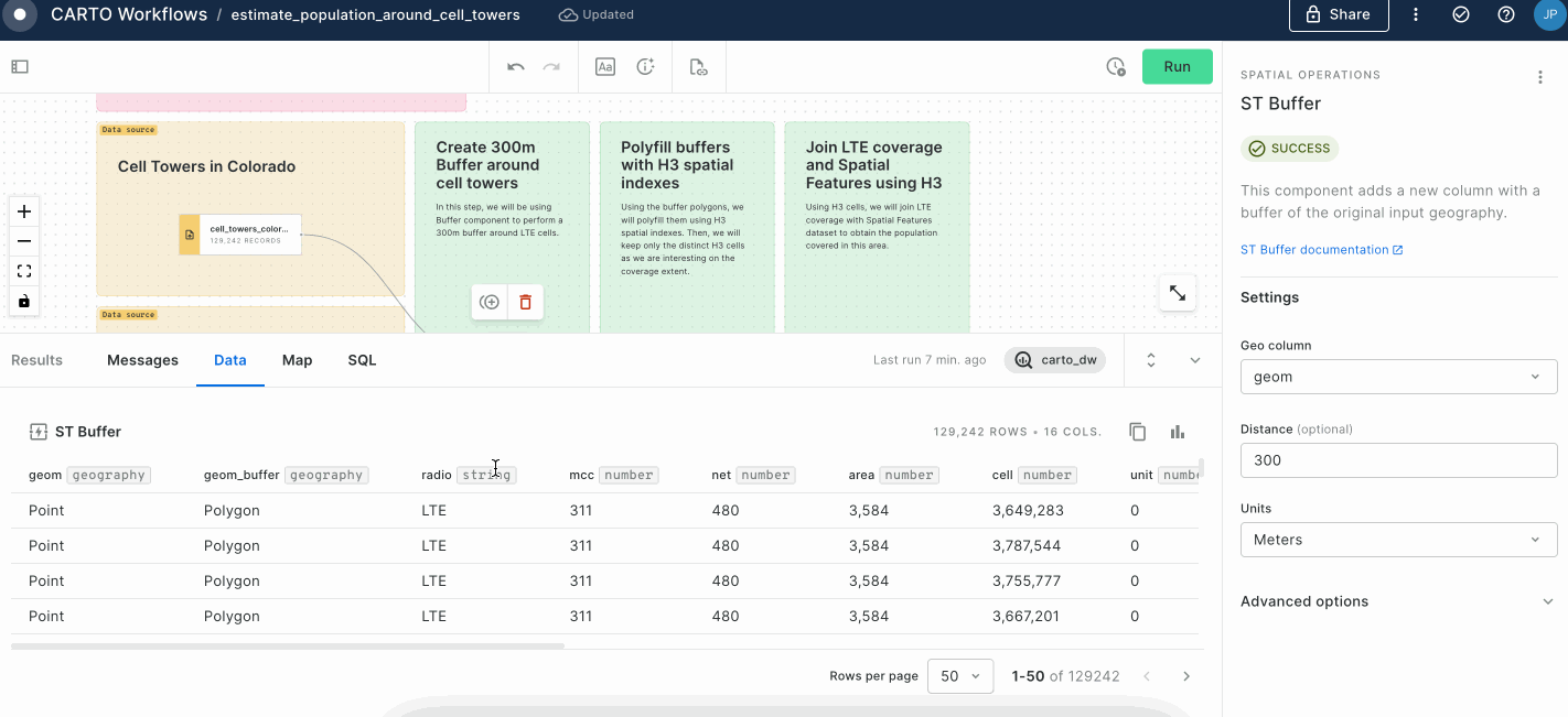 A gif showing CARTO Workflows with the enhanced results panel