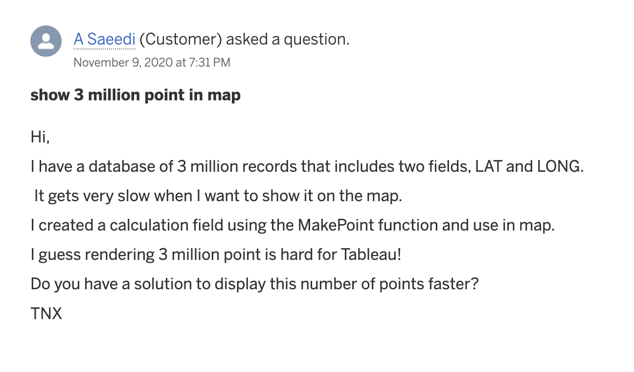 User asking Tableay how to render millions of points