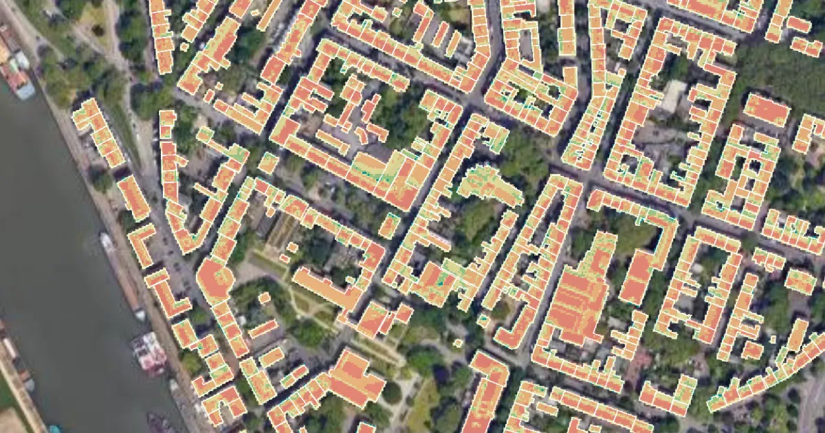 A screenshot of a map showing gridded data clipped to roofs