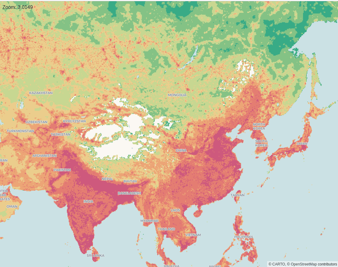 A map showing population density across East Asia using map tiles.