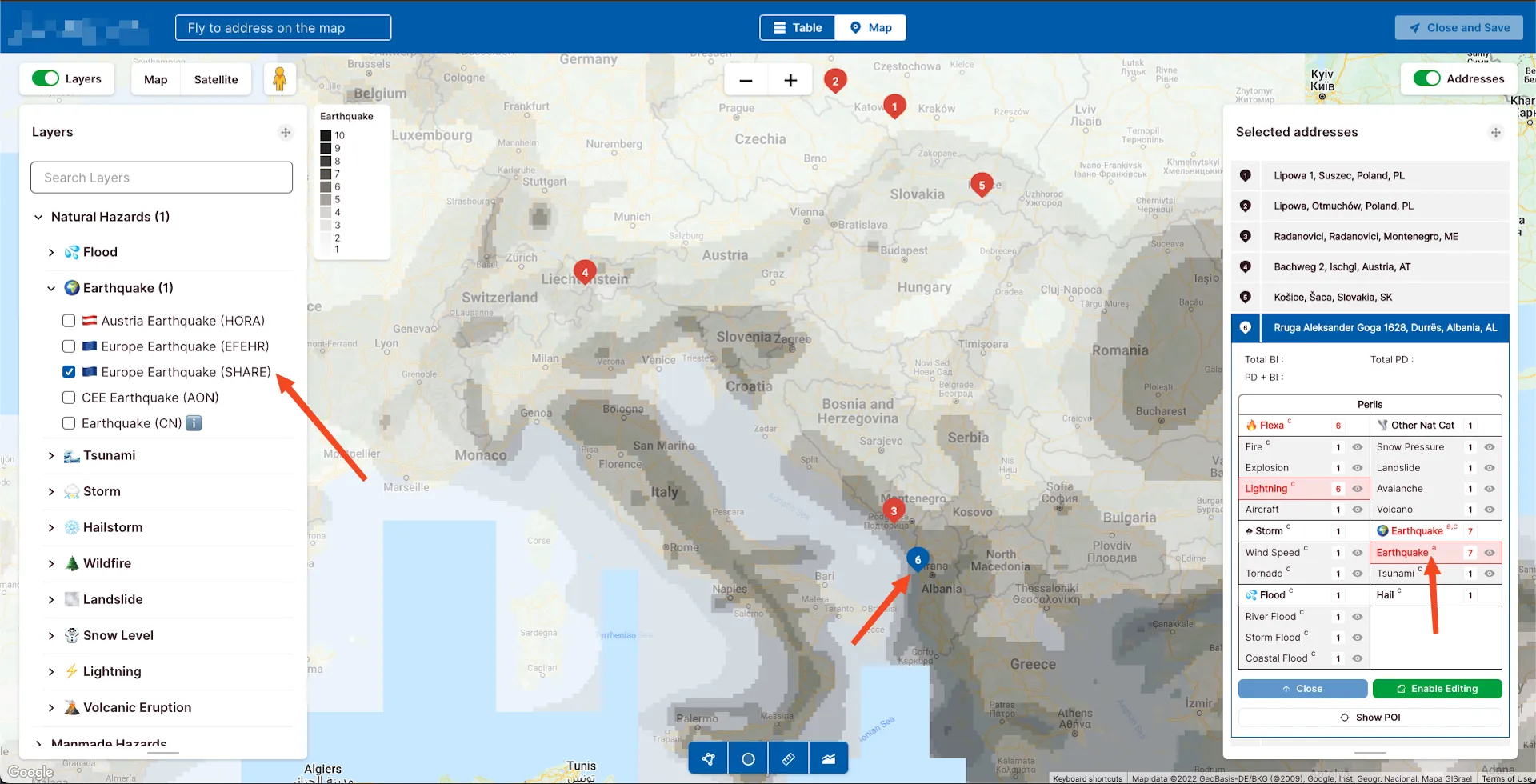 A screenshot of a g-Xperts solution showing areas of high and low natural hazards (dark grey to light grey gradient).