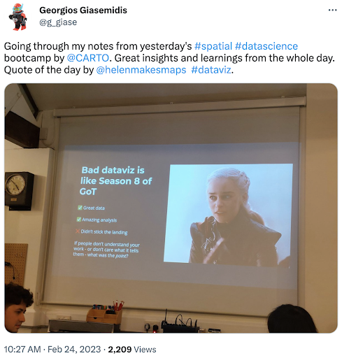 A screensht from twitter with an attendee saying "Great insights and learnings from the whole day"