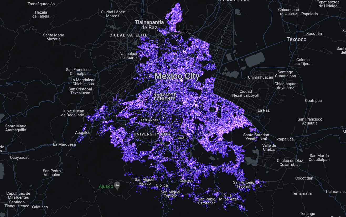 A map showing Mexico City with POIs shown as purple dots on a black basemap