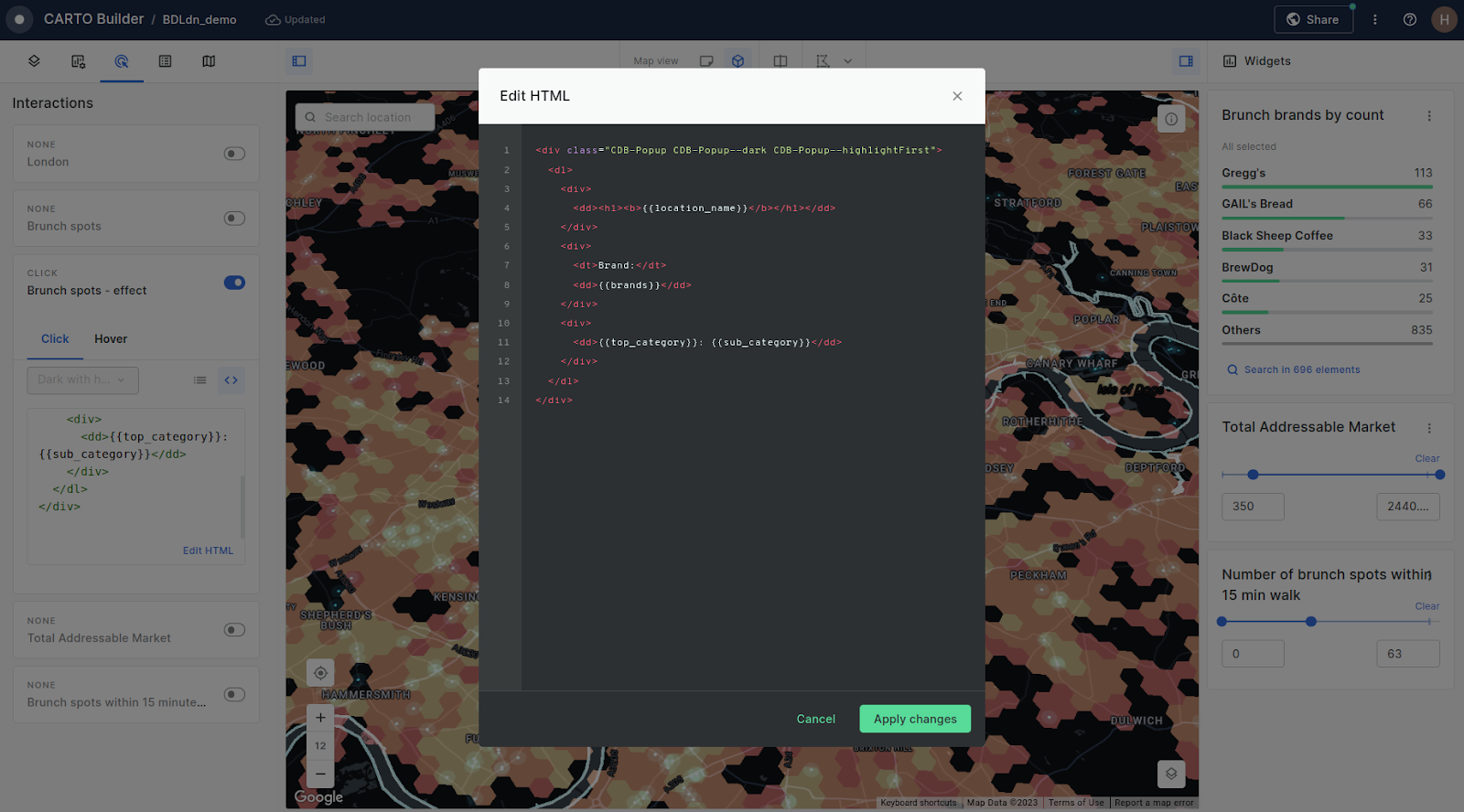 A screenshot showing HTML being used in CARTO Builder to create a custom pop-up.