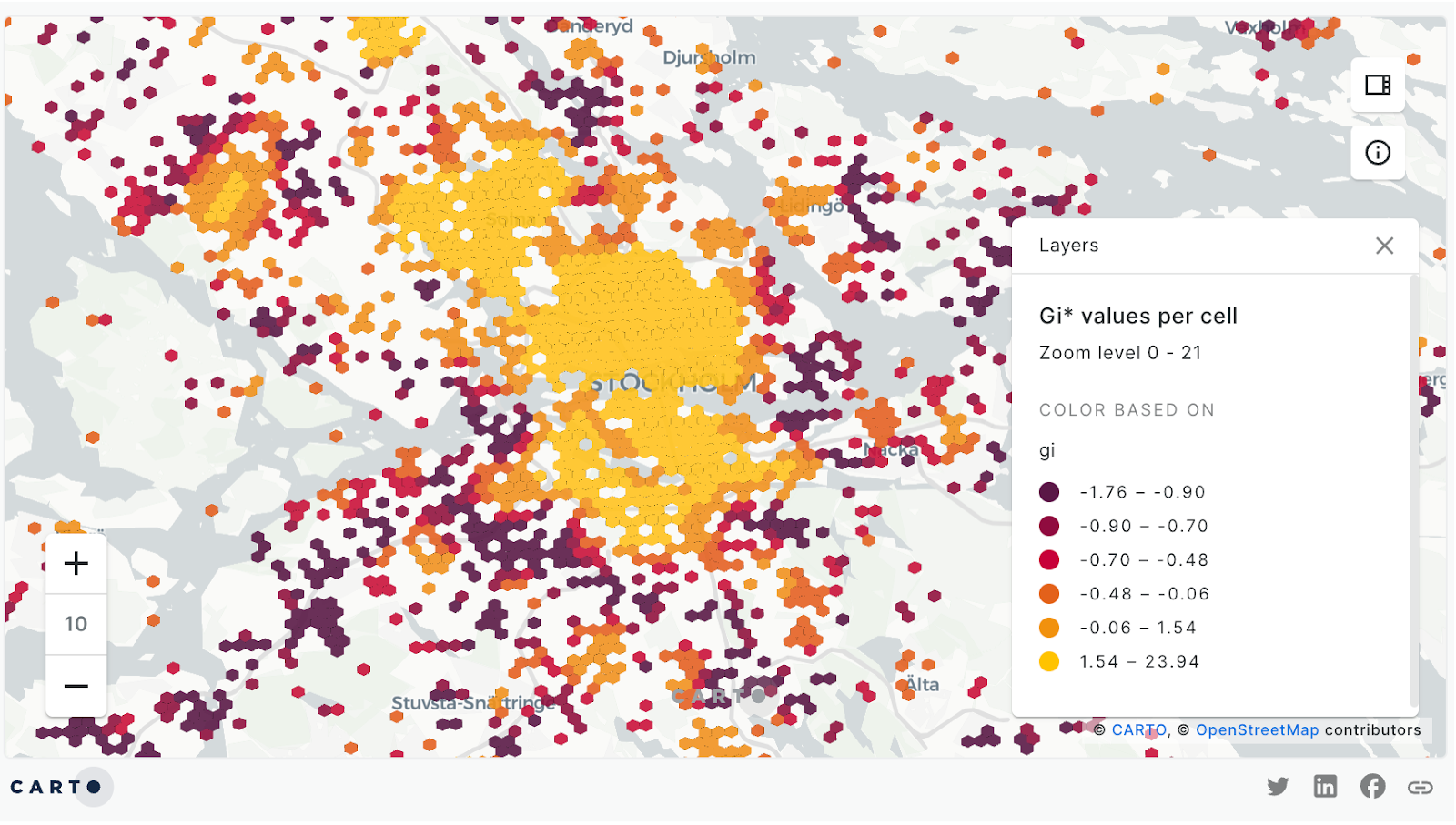 A screenshot of CARTO with a map showing hot spots around Stockholm