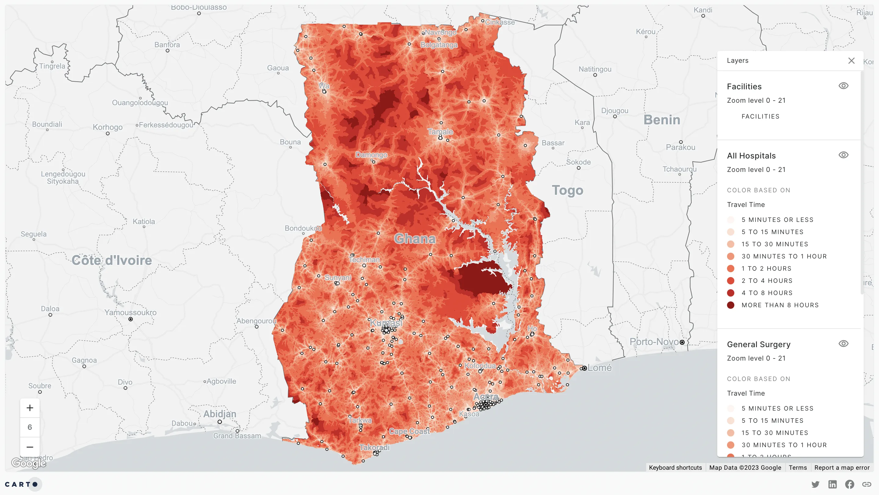 Healthcare facilities (including all hospitals & General Surgery locationsi n Ghana mapped by the Virtue Foundation.