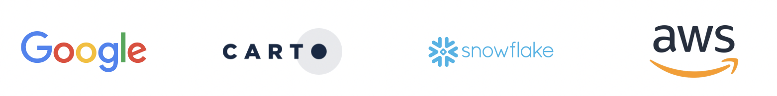 The logos of the following companies: Google, CARTO, Snowflake, AWS