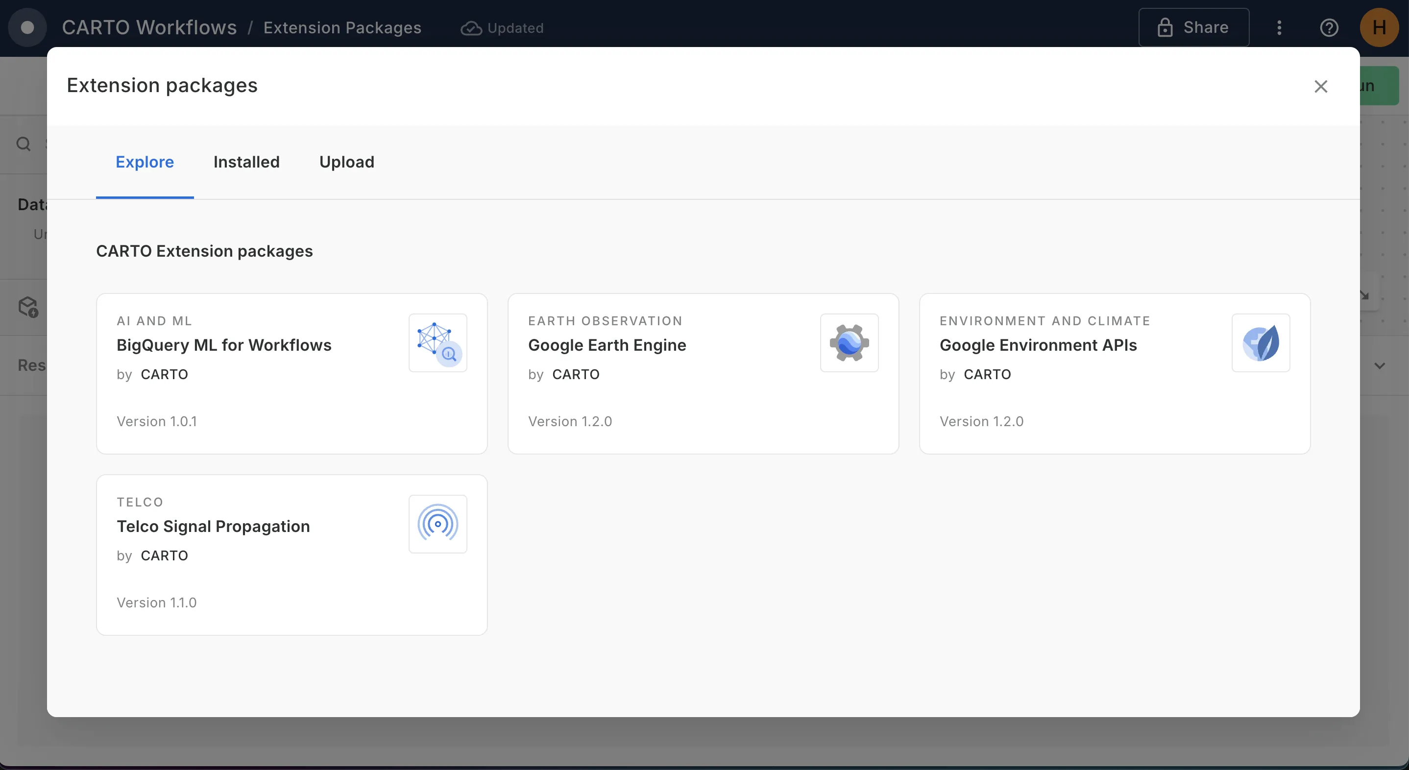 A screenshot of the CARTO Workspace
